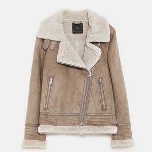 ZARA Beige Faux Suede Shearling Moto Jacket